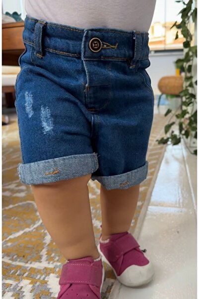 minny max Beli Ayarlanabilir Lastikli Denim Kumaş Koyu Mavi Çocuk Şort