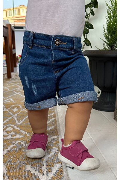 minny max Beli Ayarlanabilir Lastikli Denim Kumaş Koyu Mavi Çocuk Şort