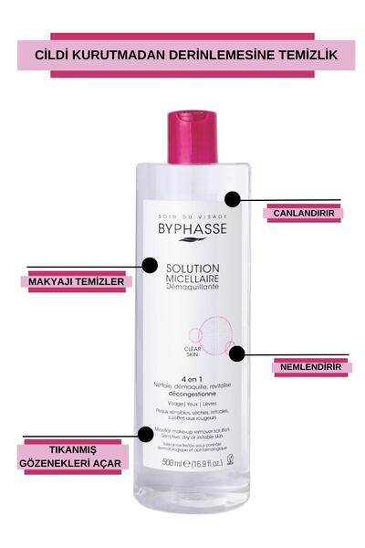 BYPHASSE Micellar Yüz ve Makyaj Temizleyici Misel Su Kuru,Hassas ve Allerjiye Meyilli Ciltler 500ml