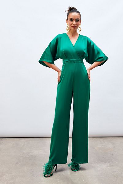 Sateen Double Breasted Loose Jumpsuit - Emerald