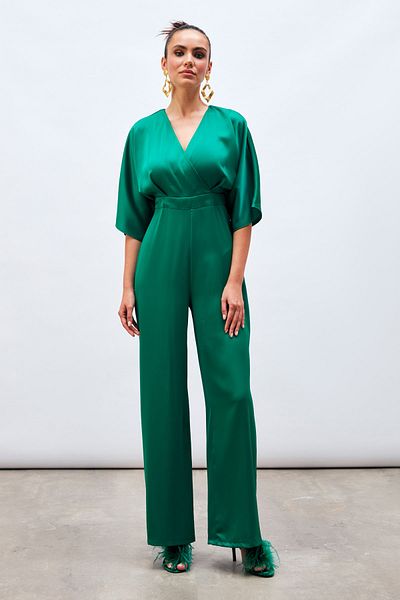 Sateen Double Breasted Loose Jumpsuit - Emerald