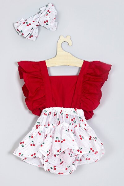 ADABEBEK Kız Çocuk Fırfırlı Kiraz Desenli Bandanalı Salopet Takım