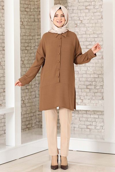 Fashion Showcase Button Detail Casual Tunic Brown