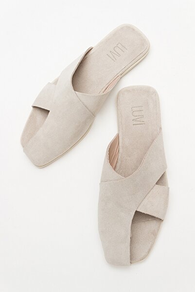 Luvi Land Beige Suet Valódi Bőr női papucs