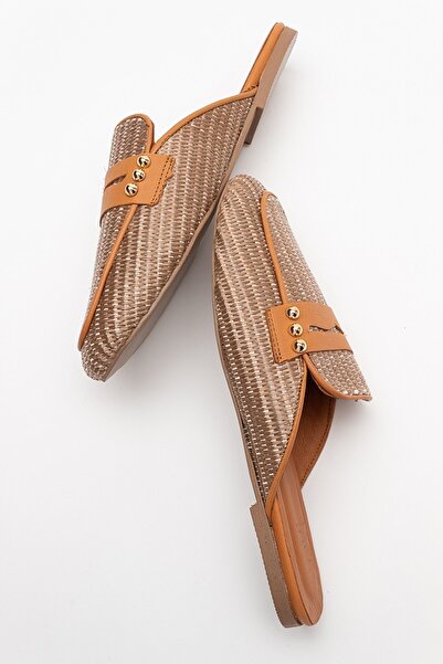 LuviShoes 165 Кафяви сламени дамски чехли от естествена кожа