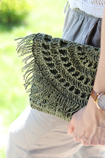 Dudi Store Yeşil İp Örgü El Hasır Çanta Örme Çanta Rafya Kağıt Yüzde Yüz El Y...