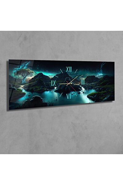 marpanya Yatay Ortadan Saatli Sanat ve Doğa Temalı Cam Tablo 061