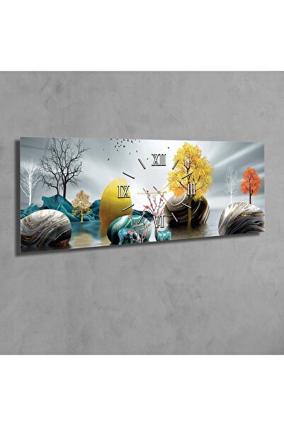 marpanya Yatay Ortadan Saatli Sanat ve Doğa Temalı Cam Tablo 090