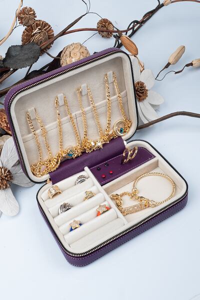 Gold Box Large Size Organizer with Compartments Jewelry Storage Box and Travel Bag Wooden Purple (21X14.5X5)