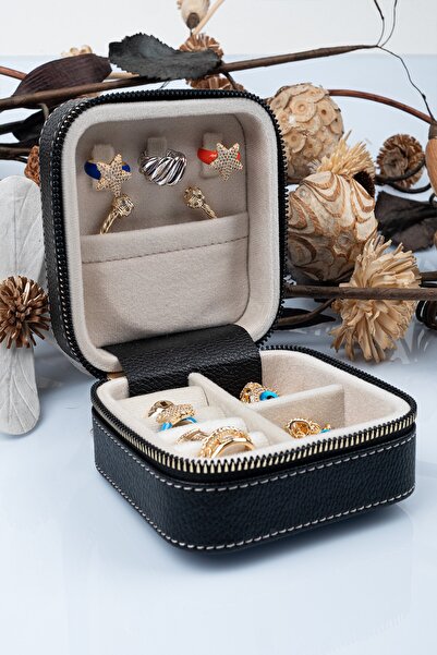 Gold Box حقيبة جلدية بسحاب (حافظة خشبية) للمجوهرات والسفر والمجوهرات باللون ا...