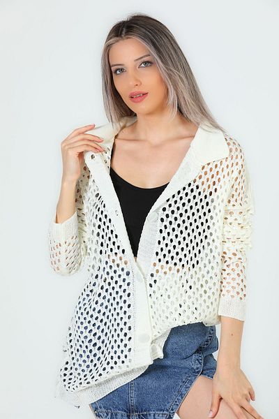 GÜLSELİ Cream Women's Perforated Seasonal Knitwear Cardigan
