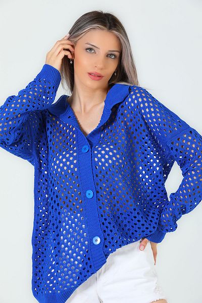 GÜLSELİ Saks Blue Women's Perforated Seasonal Knitwear Cardigan