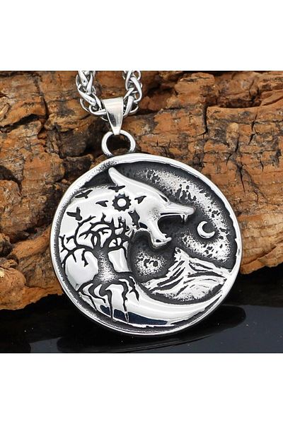 Viking Fenrir & Yggdrasil Odin Wolf Tree of Life Embroidered Geri & Freki 316L Steel Men's Necklace
