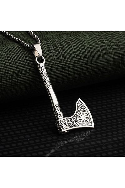 Viking None Axe Kolovrat Icon Steel Necklace with Clip Stainless Steel Gray