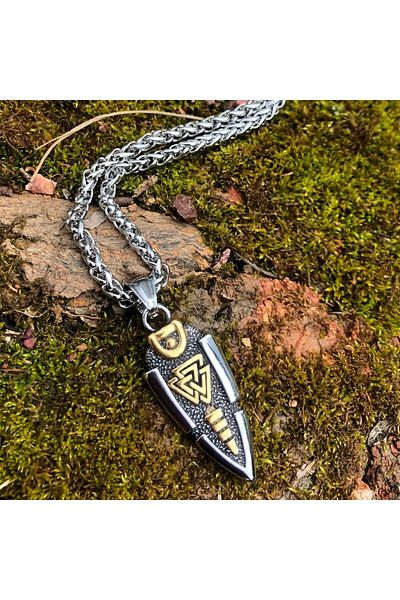 Viking Valknut Embroidered Double Sided Arrowhead Men's 316L Steel Necklace