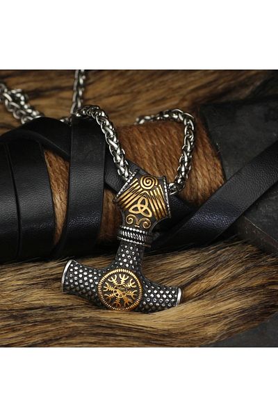 Viking Thor Mjollnir Vegvisir & Triquetra Embroidered Norse Hammer & Braided Chain Men's Steel Necklace