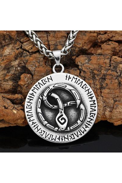 Viking Snake Jormungandr Runic Inscription Norse Snake Motif Thor Medallion 316L Steel Necklace
