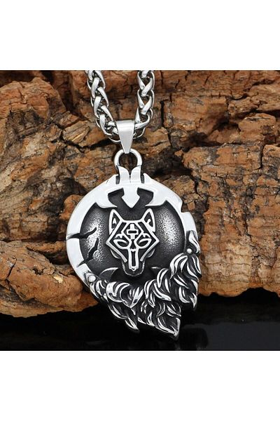 Viking Fenrir Rune Medallion Odin Wolf Motif Braided Chain 316L Steel Men's Necklace