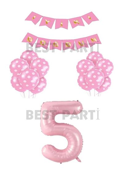 BEST PARTİ DOĞUM GÜNÜ PARTİ SÜSLERİ Happy Birthday Written Pink Colored Balloon and Number Set Age 5