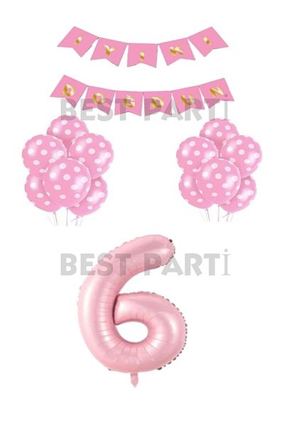 BEST PARTİ DOĞUM GÜNÜ PARTİ SÜSLERİ Happy Birthday Written Pink Colored Balloon and Number Set Age 6
