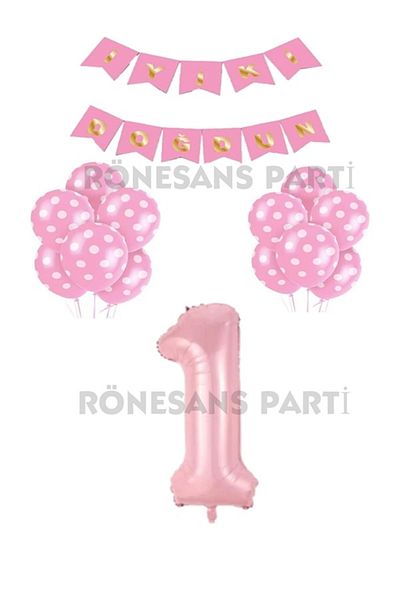 RÖNESANS PARTİ Happy Birthday Written Pink Colored Balloon and Number Set Age 1