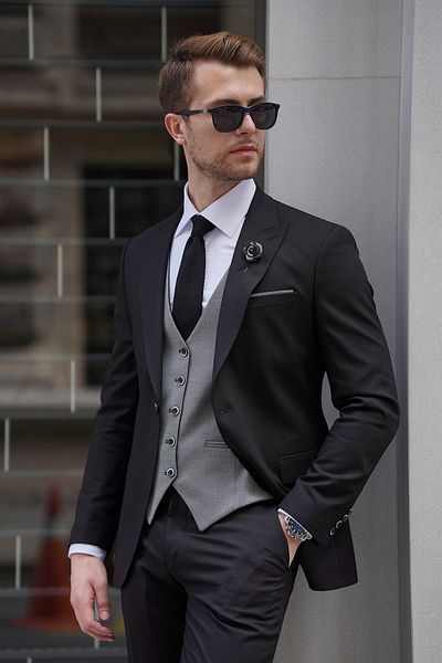 NAZEF Black & Gray Wool Suit with Slim-Fit Vest