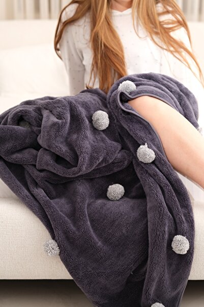 cakka Wellsoft Peluş Ponponlu Tek Kişilik Tv Battaniyesi | Antrasit