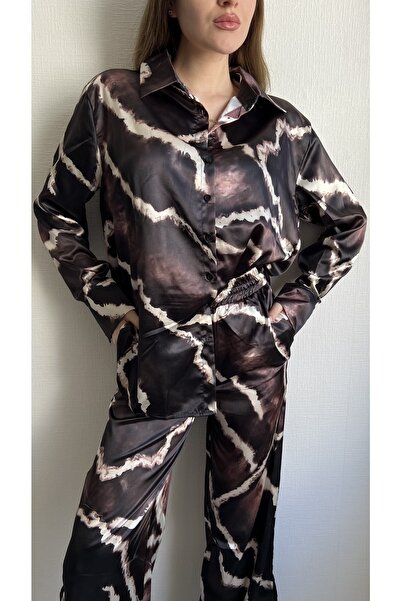 Julidress Set cămașă cu model de marmură și pantaloni cu fante pentru damă, c...