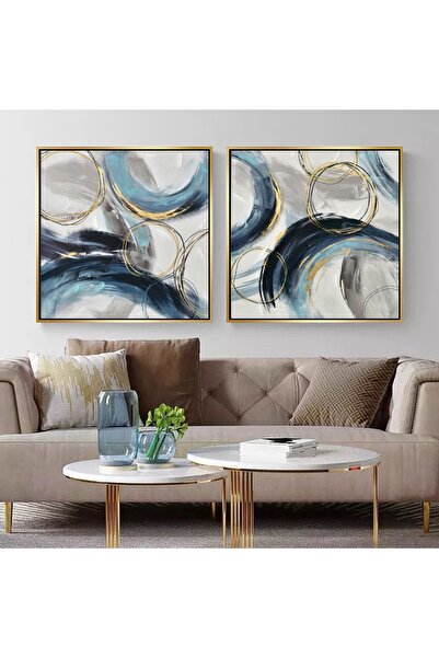Markazip Mavi Altın Halkalar Altın Metal Çerçeveli 70x70cm Ikili Kanvas Tablo Tlh47-k