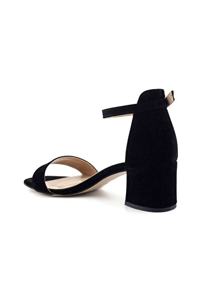 Afilli Women's Black Suede Single Strap Thick Short Heeled Comfortable 4 cm Shoes Ankle Sandals