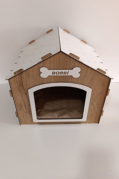 HOBİCİM Süper set Ahşap Dekoratif Köpek Evi-Kulübesi Minder ve Zincir Tasma Hediyeli (Modena-Beyaz)