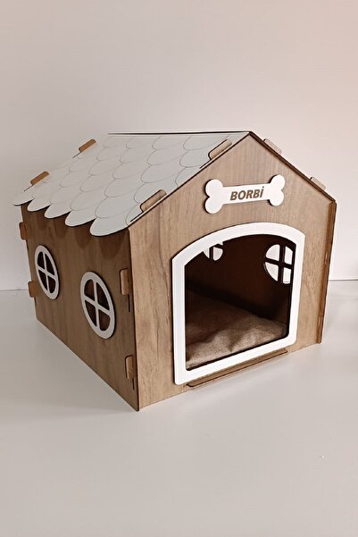 HOBİCİM Süper set Ahşap Dekoratif Köpek Evi-Kulübesi Minder ve Zincir Tasma Hediyeli (Modena-Beyaz)