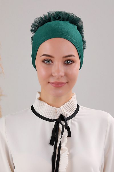 Melodi Scarf Women's Hijab Front Seamless Ruffled Combed Cotton Bonnet Emerald Green