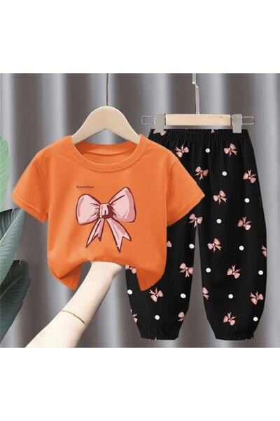 KİDS FACE Special Design Bow Printed Cotton Short Sleeve Summer Girl's Stylis...