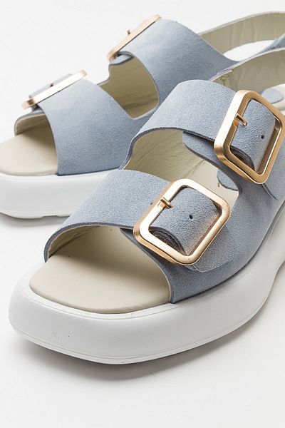 LuviShoes صندل نسائي من الجلد الطبيعي من جلد الغزال باللون الأزرق الفاتح