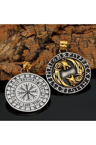 Viking Odin Scandinavian Back & Freki Nordic Thor Double Sided 316l Steel Runic Inscription Necklace