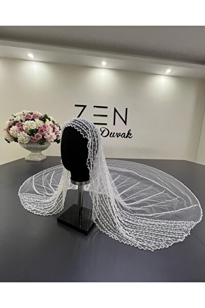 ZEN DUVAK Elif Model Bridal Veil Embroidered Veil Off White Pulley Veil