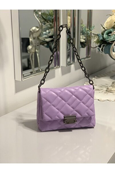 Molie Geantă de mână și de umăr pentru femei, cu model de broderie liliac, cu curea cu lanț