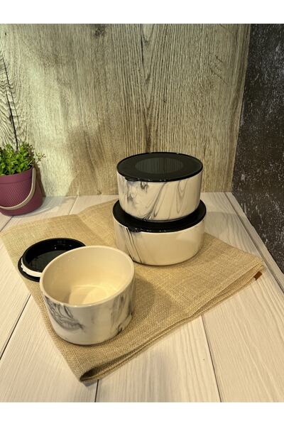 emir home shop Marble Patterned Ceramic Luxury 3-Piece Storage Container with Non-Spill Vacuum Lid Microwave Compatible