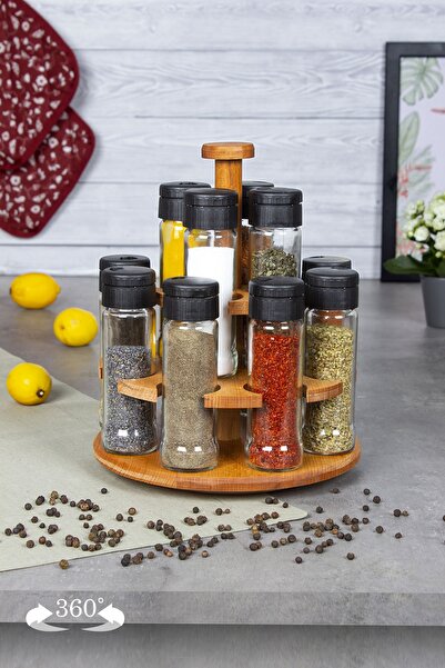 Genel Markalar Sapel 12'li Döner Platform Baharatlık Takımı, Ahşap Döner Plat...