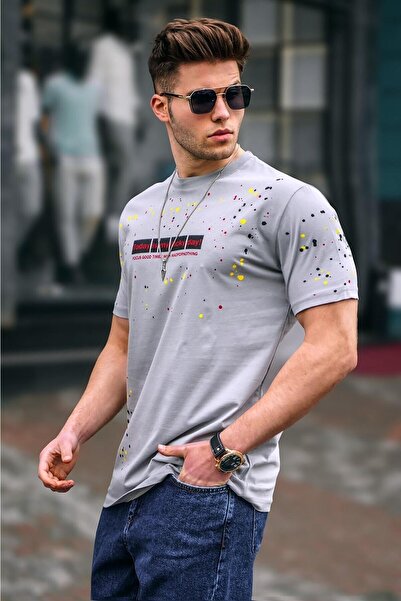 Madmext Ανδρικό μπλουζάκι με εμπριμέ βαμμένο γκρι 5814