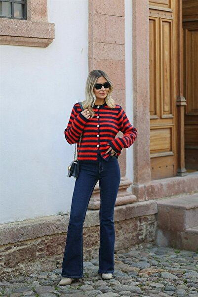 Lixera Ispanyol Koyu Mavi Likralı Yüksek Bel Flare Jeans Pantolon