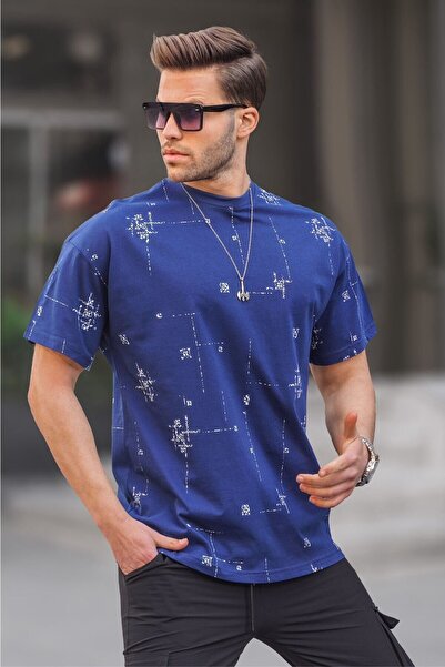 Madmext Tricou pentru bărbați cu imprimeu albastru cu guler rotund 6093