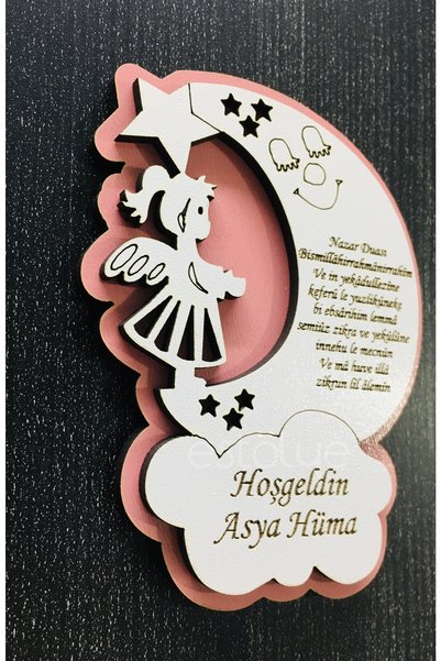 estölye Wooden Baby Girl Magnet with Evil Eye Prayer 25 Pieces Pink White Wooden G2F1Z1A182B9