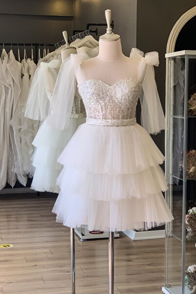 Lenta Moda Beyaz Dantel Kaplı Mini Gece ve Parti Elbisesi