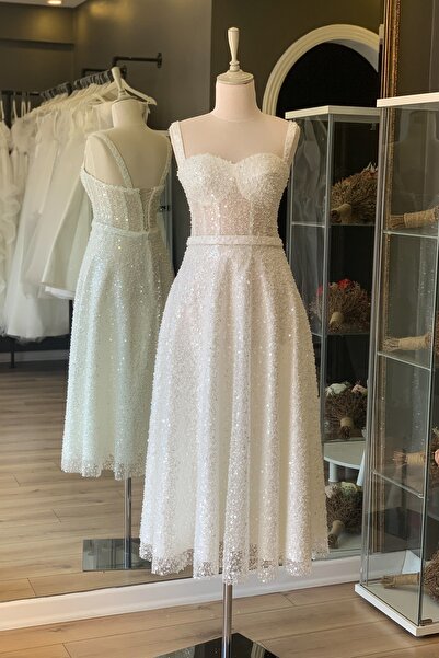 Lenta Moda Beyaz Taşlı Midi Boy Abiye Ve Gece Elbisesi