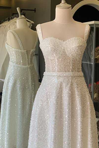 Lenta Moda Beyaz Taşlı Midi Boy Abiye Ve Gece Elbisesi