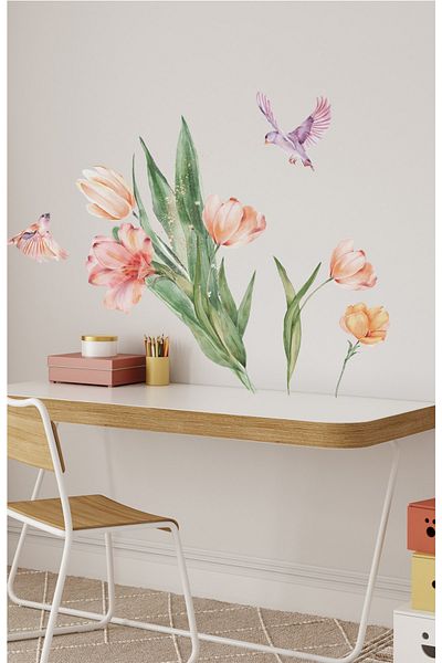 Sim Tasarım Watercolor Soft Spring Flowers and Birds Decorative Wall Sticker