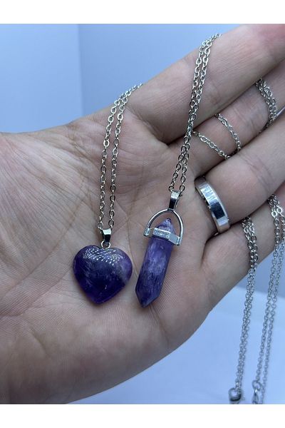 grs oyuncak Natural Amethyst Stone Nail and Heart Model Necklace