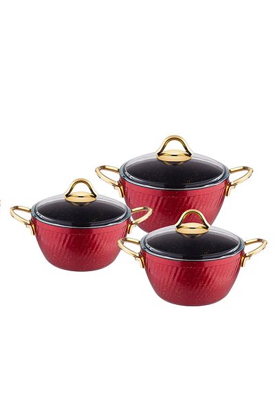 Özkent K-596 Hira Granite Pot Set 3-Piece Fireproof Non-Stick Deep Pot Set Red